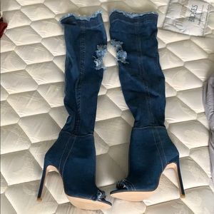 Denim over knee boots